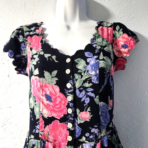 Vintage 1980s Newport News Black & Pink Floral Dress - Women's Size 4 - Picture 2 of 7